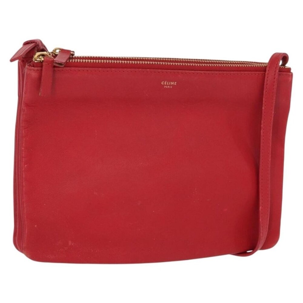 Authentic CELINE Trio Shoulder Bag Leather Red Gold - Picture 1 of 16